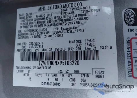 2009 Ford Mustang V6/V6 Premium z USA, uszkodzony, nr VIN 1ZVHT80NX95103220